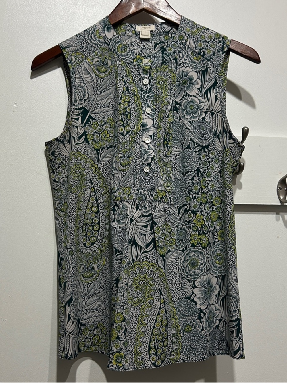 J. Crew Green and White Paisley Floral Sleeveless Shell